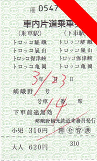 嵯峨野観光鉄道　車内片道乗車券　車内補充券（車補）