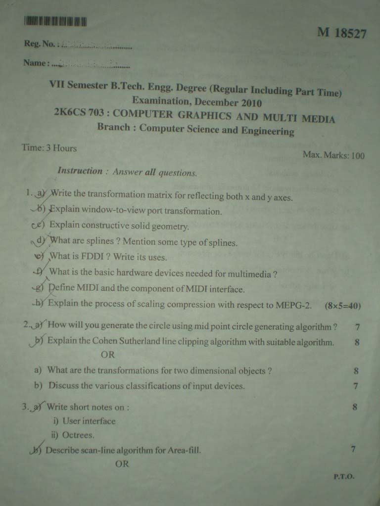 Computer Graphics and Multimedia Previous Question Paper Semester 7