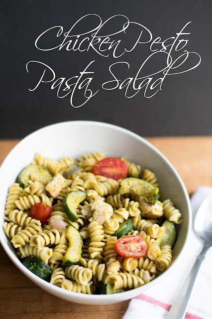 The finished Chicken Pesto Pasta Salad, in a white bowl, with the title overhead. 