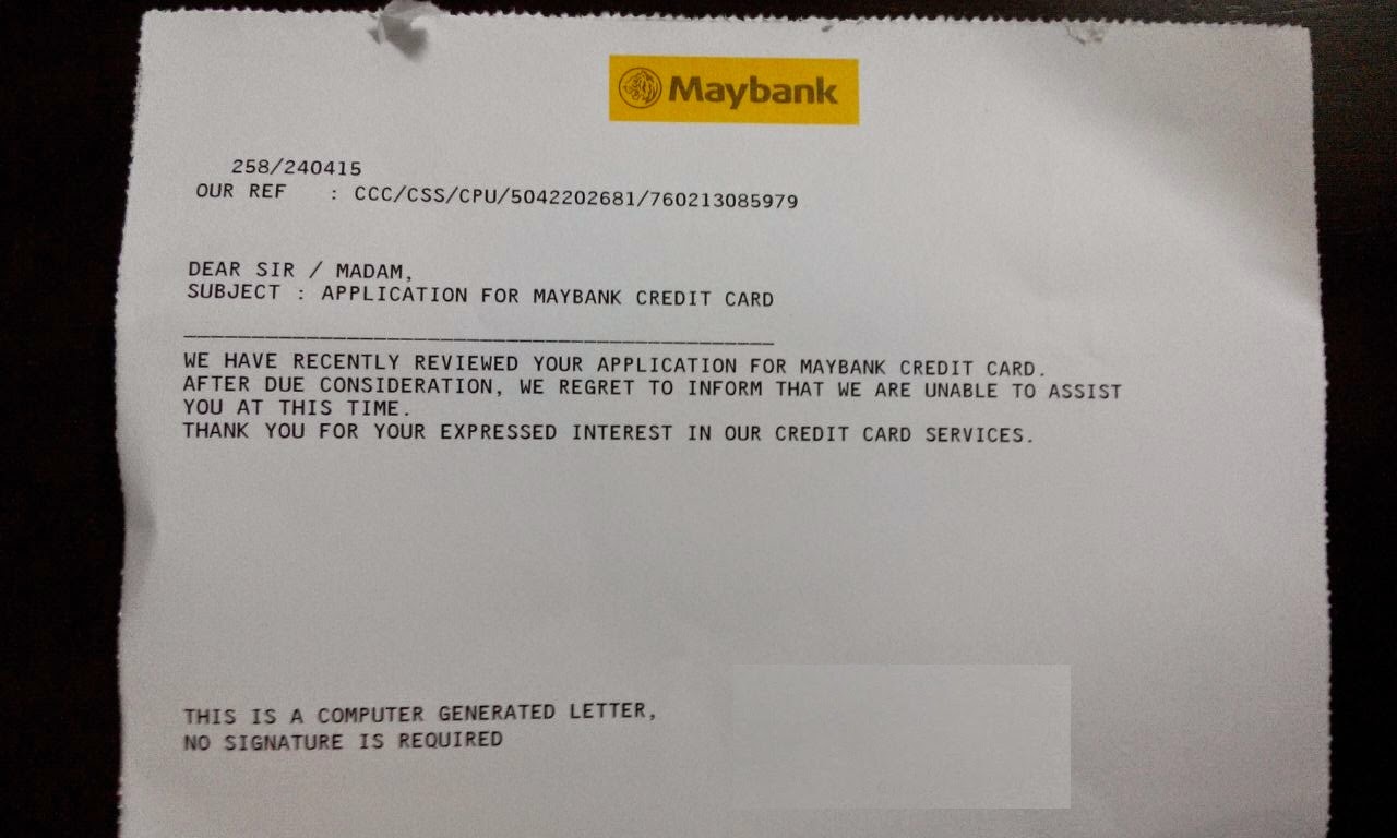 至善至美 Investment Journey: Rejection Letter for Credit Card application