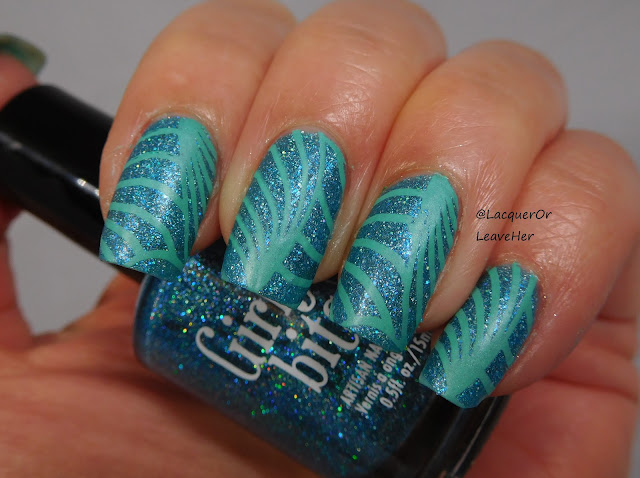 UberChic Beauty 26-02 over Girly Bits Cosmetics Le Freak, stamped Girly Bits Cosmetics Ker-minty Frog Here