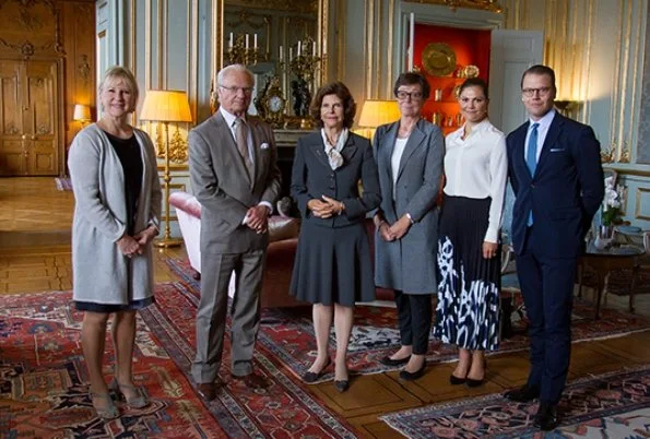 Crown Princess Victoria wore printed midi skirt. Queen Silvia,  Minister for Foreign Affairs Margot Wallström and Annika Söder