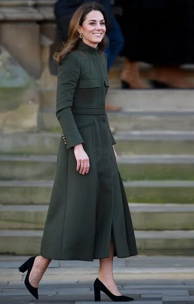 Kate Middleton wore a green Alexander McQueen coat, a print dress by Zara, Zeen ceramic earrings and Aspinal of London Mayfair bag