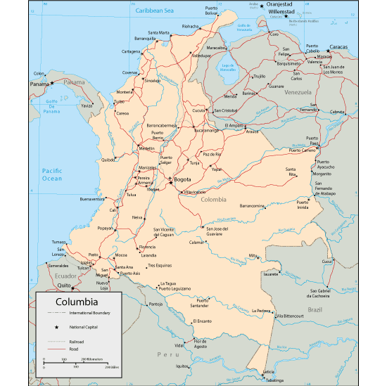 Mapa físico de Colombia editable - Vector