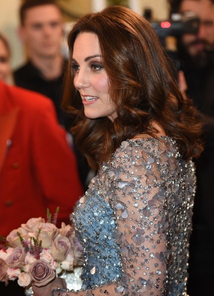 Kate Middleton wore Jenny Packham Gown, Oscar de la Rentacabrina pumps, Jenny Packham Casa Crystal clutch