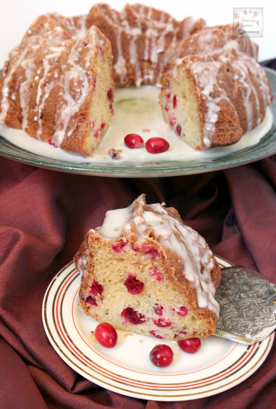 Use fresh, frozen or dried cranberries to make this moist and delicious White Chocolate Cranberry Coffee Cake. Perfect to serve for tea time as well. | manilaspoon.com