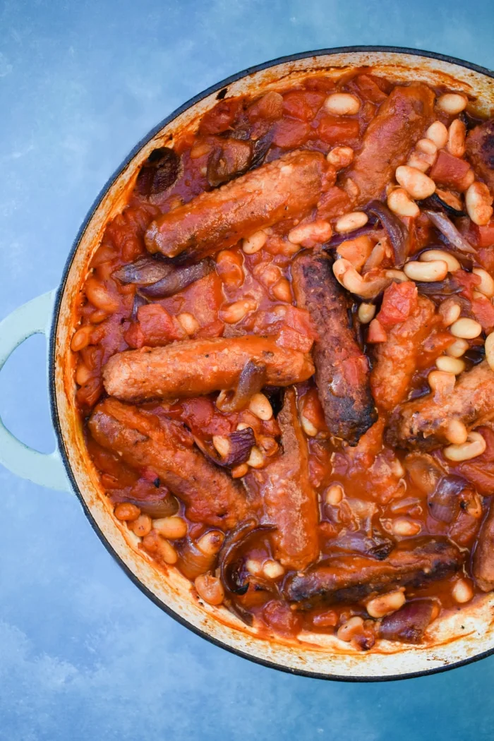 Close up of veggie sausage and white bean casserole