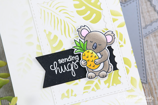 Sending Hugs Card by Juliana Michaels featuring Newton's Nook Designs Pina Koala Stamp Set and Tropical Leaves Stencil