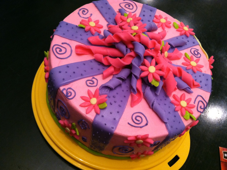 Cat's Cake Creations Pink and Purple Birthday Cake with Marshmallow Fondant Flowers