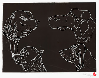 Piece of artwork entitled Dogs by Quintin Rodriguez, with four different dog head studies