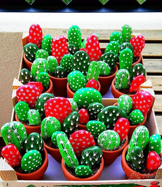 Macetas con cactus hechos con piedras pintadas | Construccion y