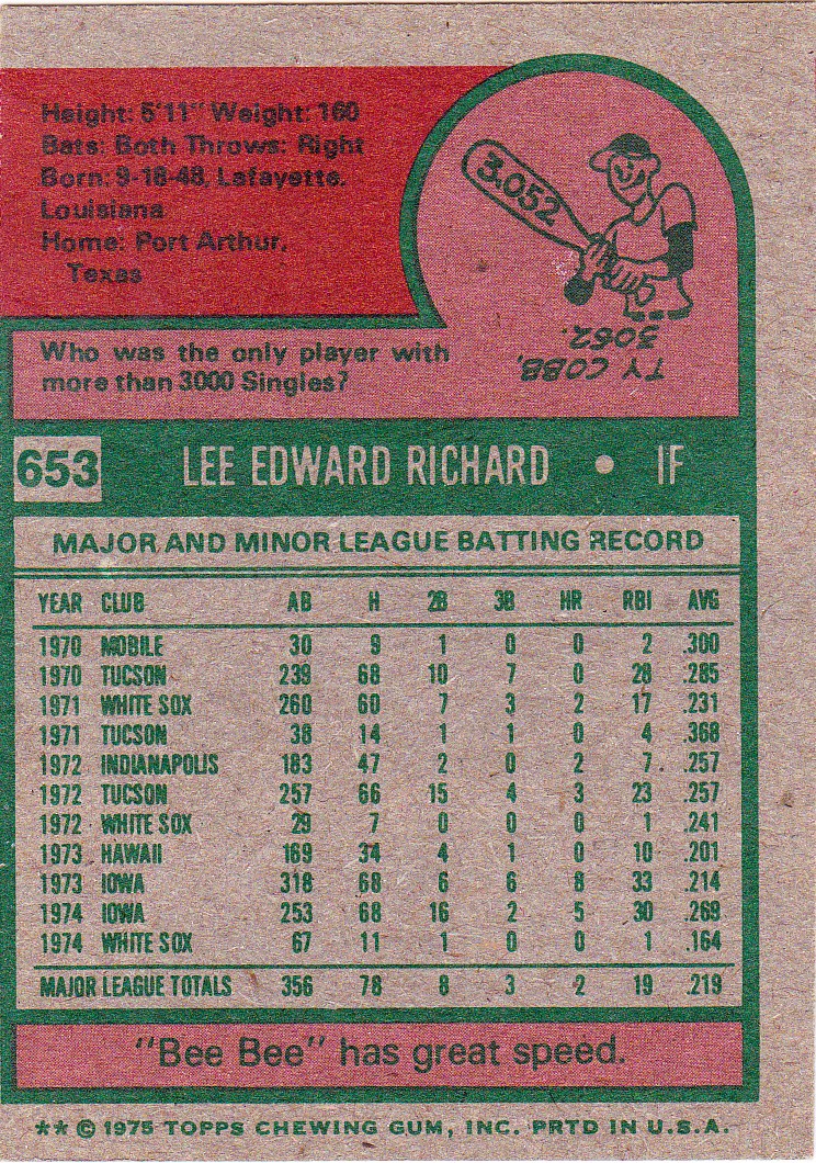 1975 Topps (it's far out, man): #653 - Lee Richard