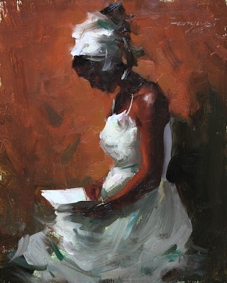 Painting of woman reading poetry