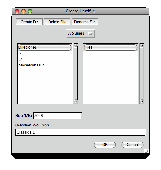 The SheepShaverGUI Create Hardfile window showing our chosen settings
