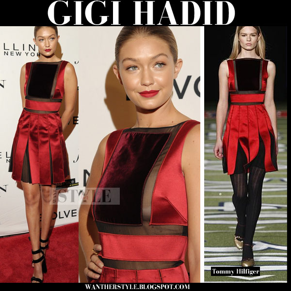Gigi in red satin Tommy dress in New York on September 10 ~ I want her style - What celebrities and where to buy it. Celebrity Style