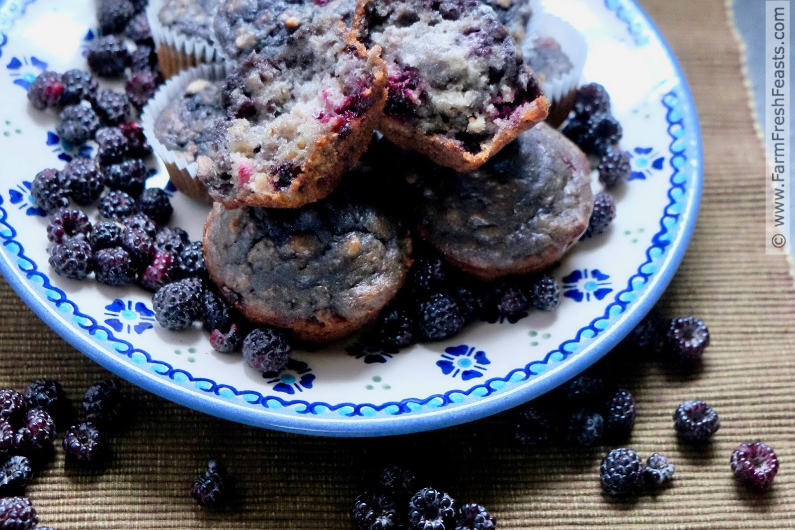 Black raspberry muffins made with soaked oats and sweetened with brown sugar