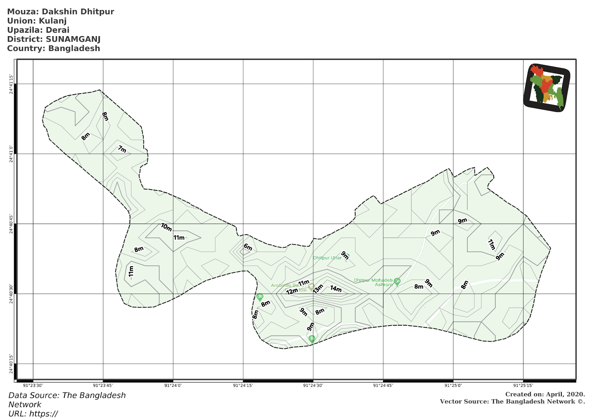 Map of Dakshin Dhitpur Mouza of Derai Upazila, SUNAMGANJ, Bangladesh.