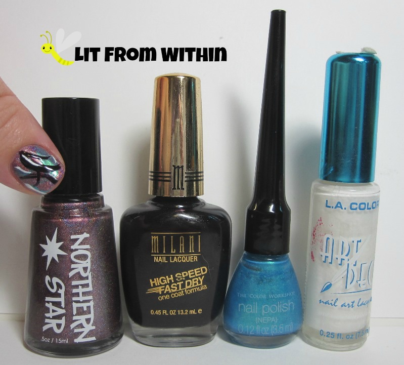 Bottle shot:  Northern Star Polish Janus Rising, Milani Rapid Orchid, blue and white nail art stripers.