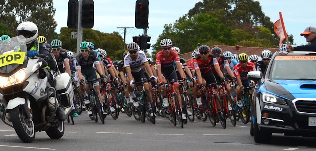 A front-on view of the riders as they come around a 90 degree right-hand turn through a traffic-light controlled intersection. The riders are flanked by a police motorbike on the left and the race director's car on the right. The motorbike has a fluorescent yellow banner on the front saying "STOP" but the photo has been cropped so the bike banner says "TOP". There is a sunroof open on the Race Director's car. Mike Turtur the Race Director is standing up through the sunroof, checking his timepiece while holding an ochre (orange) flag with the Tour Down Under logo emblazoned on it, poised upright in readiness to drop to announce the commencement of racing proper.