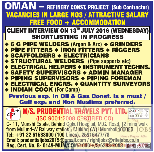 Attractive salary job's for Oman Gulf Jobs for Malayalees
