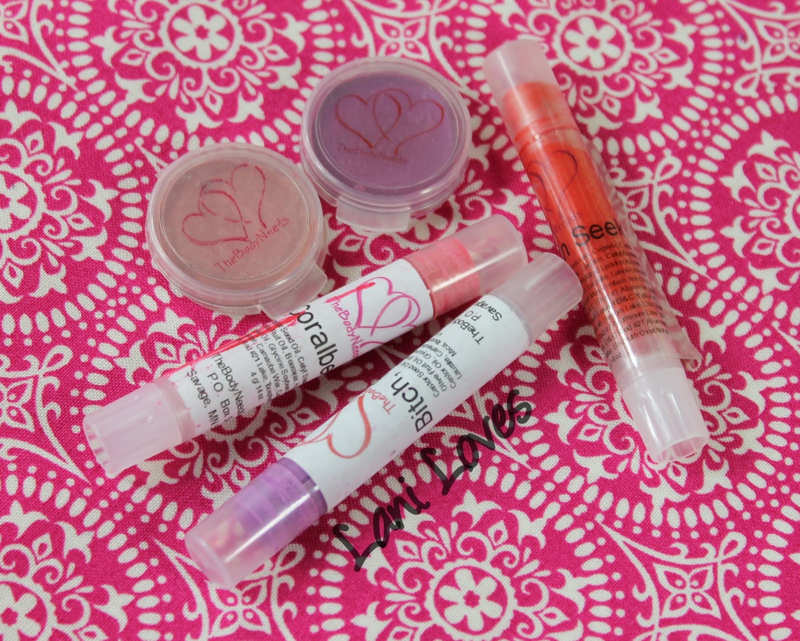 TheBodyNeeds Lip Lustre - Bitch, Please!, Coralberry, Hide 'N Seek, Forget Him! and Cupid's Crush Swatches & Review