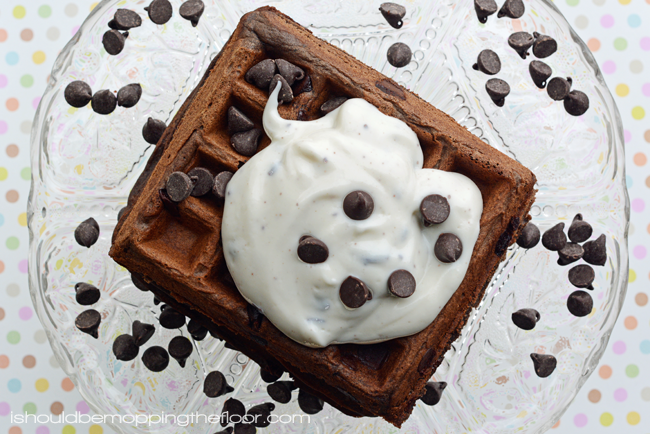 Easy Chocolate Waffles Topped with Mint Chocolate Chip Yogurt