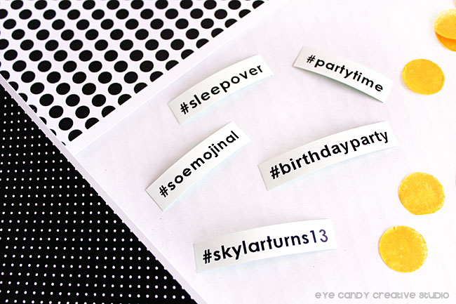 confetti labels, birthday party, so emojinal, black & white party, epson