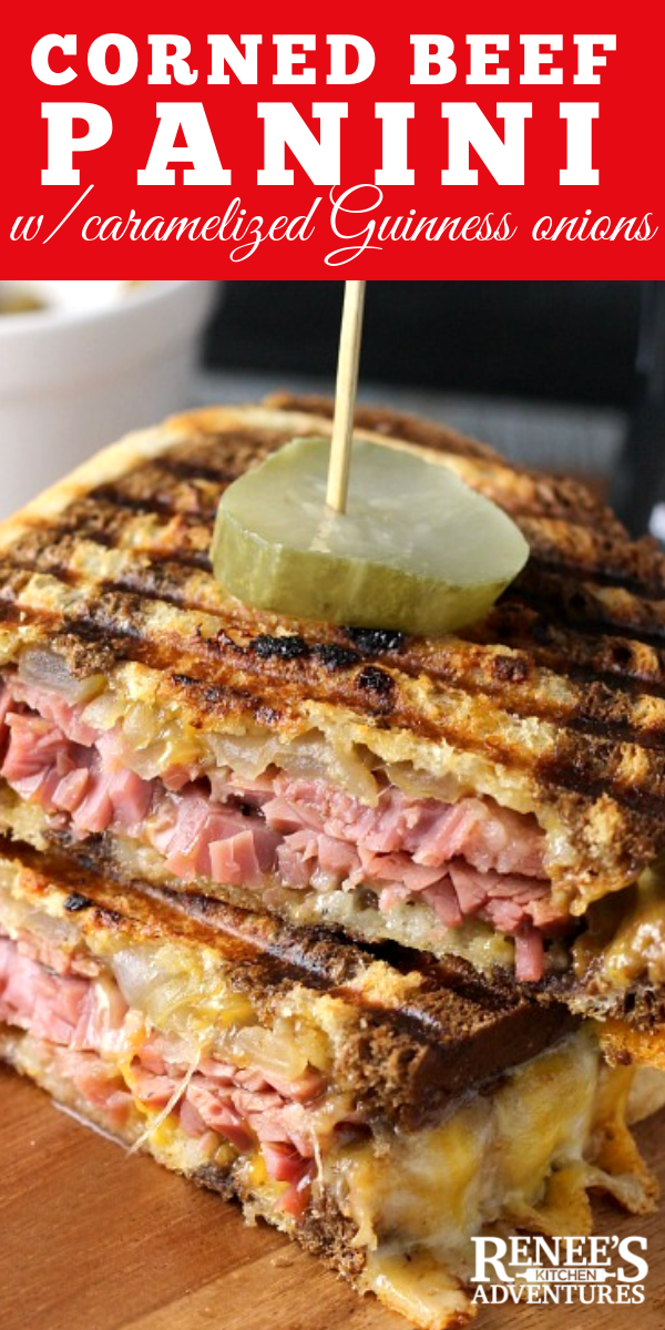 Corned Beef Panini with Caramelized Guinness Onions pin for Pinterest