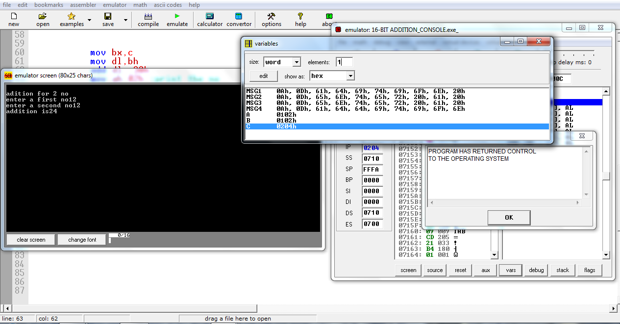 8086 Program to add two numbers using console screen.