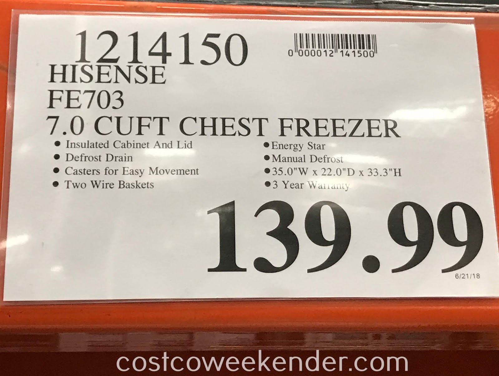 Hisense Chest Freezer (FE703) Costco Weekender