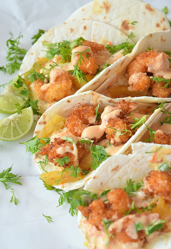 Bang Bang Shrimp in a Taco,with easy homemade slaw and Thai sweet Chili and Sriracha Sauce,wrapped in a soft flour tortilla ! #savorybitesrecipes #bangbangshrimptaco #bangbangshrimp #tacorecipe #easyrecipe Thai Sweet Chili and Sriracha sauce with Bang Bang Shrimp Taco