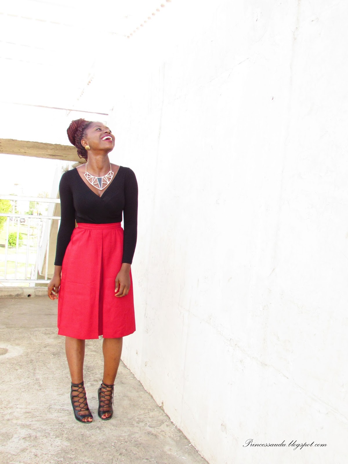 how to spice up an outfit, lace-up booties, red midi-skirt, wardrobe basics