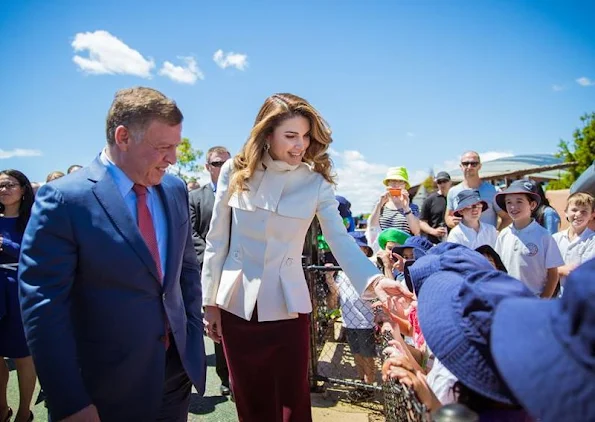 Queen Rania of Jordan visit the National Arboretum in Canberra, Queen wore Fendi blazer and fendi skirt, Prada handbags