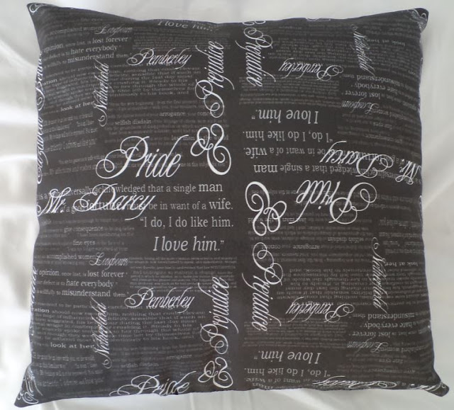 Throw pillow made with Pride & Prejudice fabric by eSheep Designs