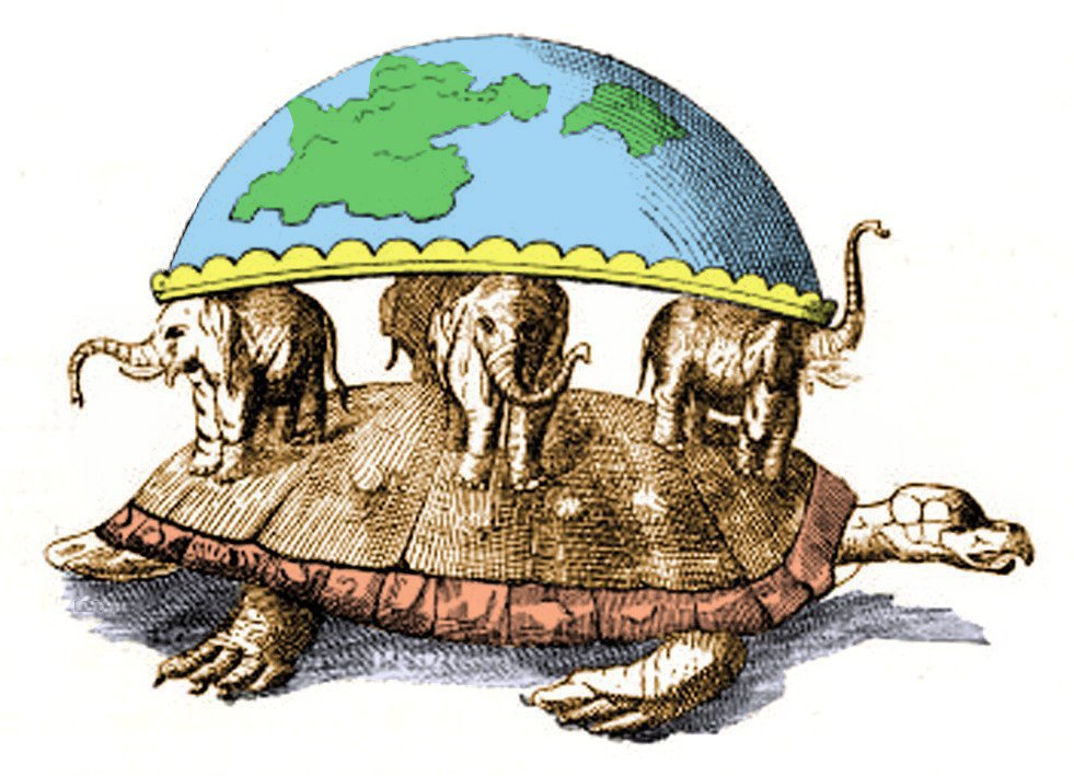 3 слона на черепахе. Три кита представление о земле. Древняя земля на слонах и черепахи. Земля на черепахе. Земля на трех слонах.