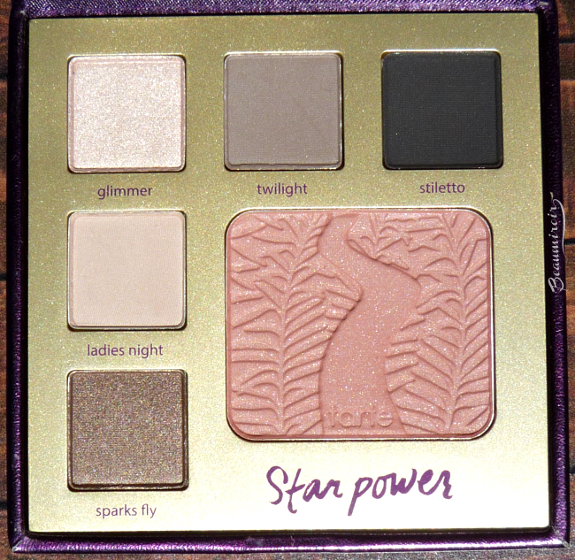 Closeup of eyeshadows and blush of the Eye & Cheek Palette in Star Power from tarte's new Double Duty Beauty collection