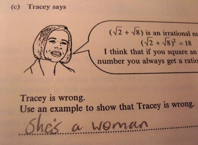 Tracy says math problem and solution because she's a woman