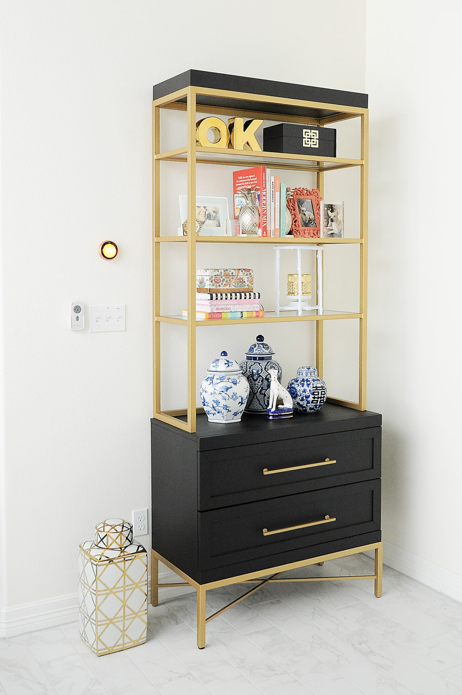 Chic Easy Tips For Styling A Bookcase Monica Wants It A Gorgeous Black And Gold Etagere Styled With Ginger Jars Thrifted Finds Chinoiserie Decor