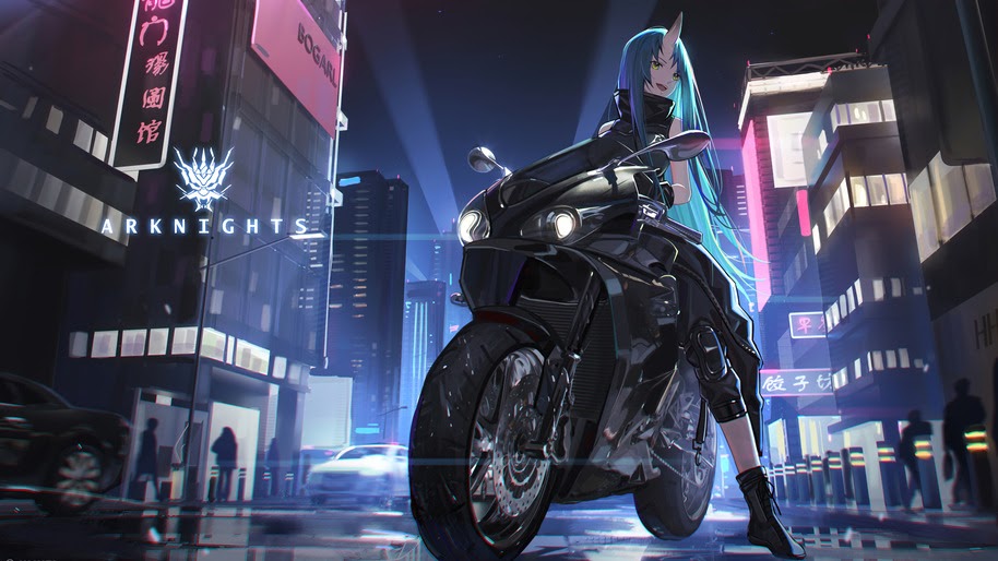 Anime, Girl, Motorbike, Night, City, Hoshiguma, Arknights, 8K, #6.1753