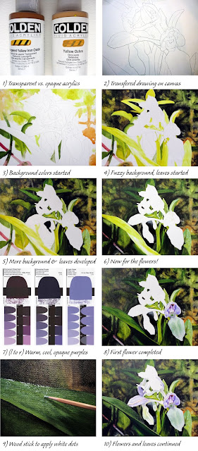 collage of showy orchis painting steps step by step creation of Showy Orchis painting by Judy Lavoie