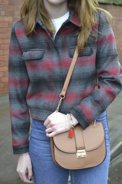 plaid Harrington style jacket from Topshop. Vintage Levis 501 style Mom jeans from Topshop Acne studios white trainers. Tan Primark bag Chloe style