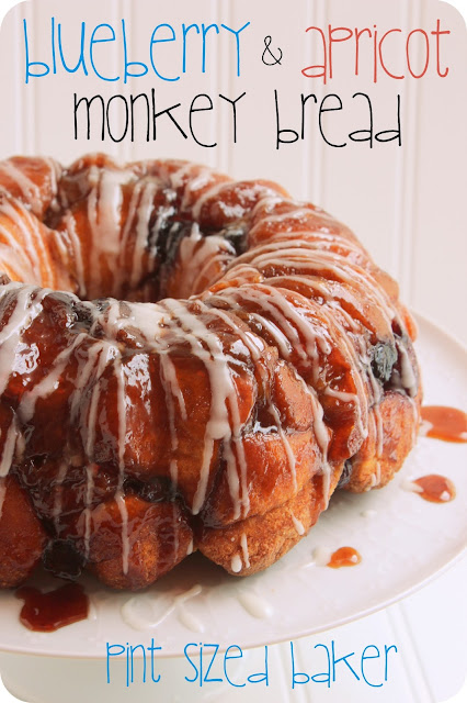 Apricot and Blueberry Monkey Bread 1 Lead in image of the baked and glazed Apricot and Blueberry Monkey Bread with text.