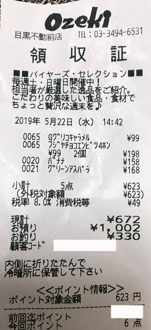 オオゼキ 目黒不動前店 2019/5/22 Ozekiのレシート