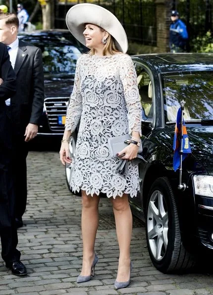 Queen Maxima at the opening of the exhibition emperor Porcelain at the Prinsenhof museum. Queen wore Natan Lace dress