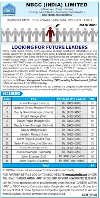 NBCC 94 Deputy Project Manager, Junior Engineer Recruitment 2017