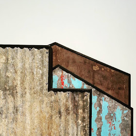 Detail of an assemblage art piece by Alex Asch, made up of various pieces of distressed corrugated iron.