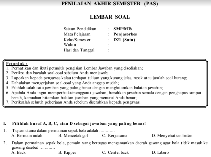 Pola Soal Uas Pas Penjaskes Kls 9 Smp Semester 1 Beserta
