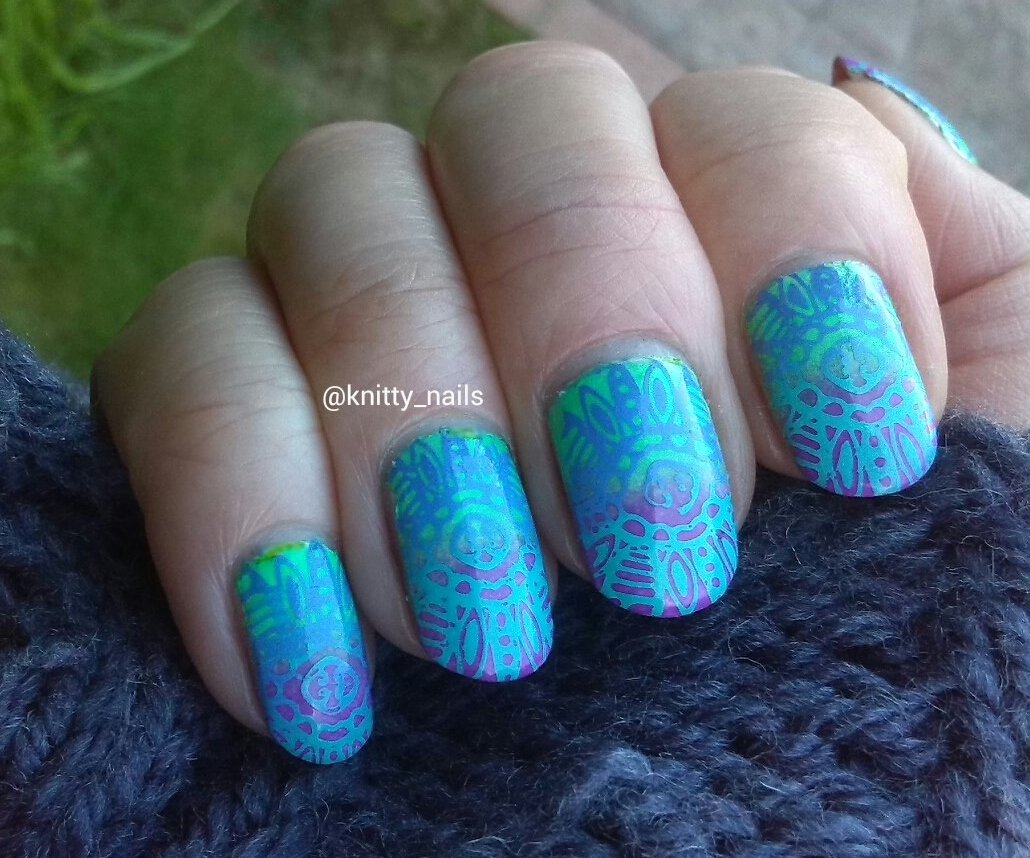 Virtuous Polishes Queen Ester and Naomi and Apipila Super Plate A over neon gradient