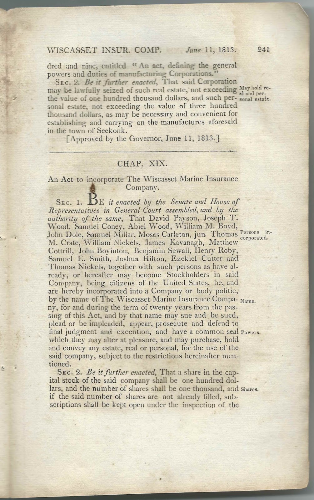 Heirlooms Reunited 1813 Act to Incorporate the Wiscasset Marine Insurance Company; Wiscasset, Maine