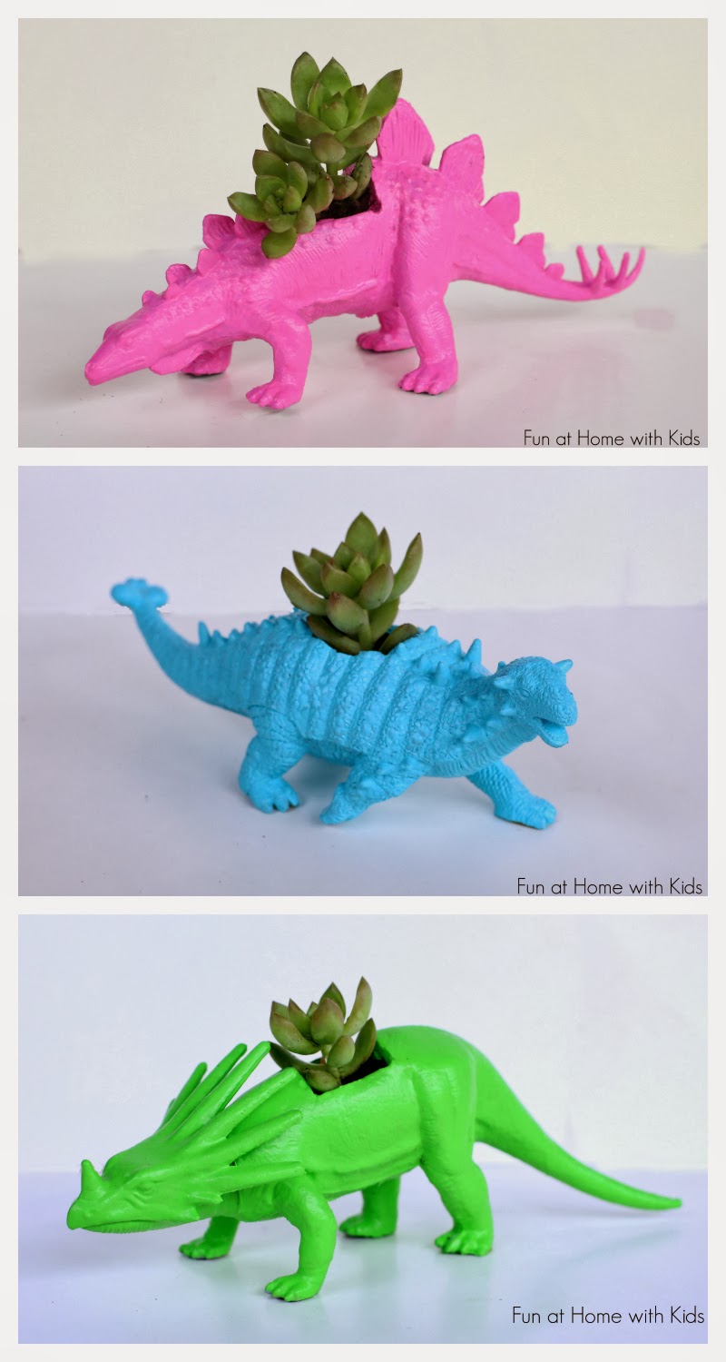 DIY Dinosaur Planters for between three and five dollars!  An easy and fun project - these would make a great gift!  From Fun at Home with Kids